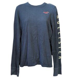 Hollister Women's Navy Blue Long Sleeve T-Shirt Size Small 100% Cotton Logo Tee